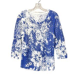 Zenergy by Chico's Blue White Floral Open Knit Sweater Floral Women's Sz 2 US L